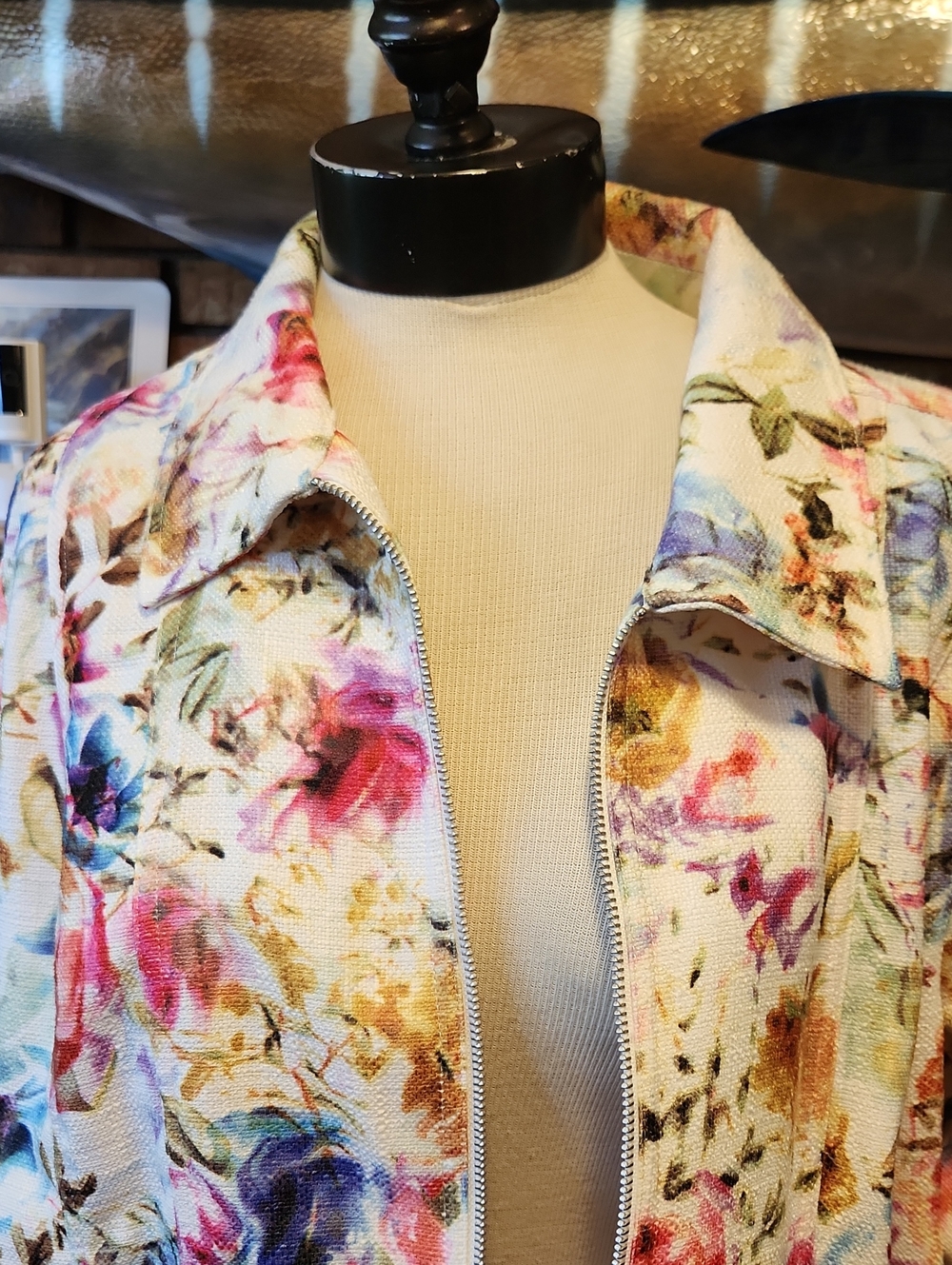 Christopher & Banks White Pink Blue Floral Zip-Front Jacket XL Spring Church - Picture 2 of 12
